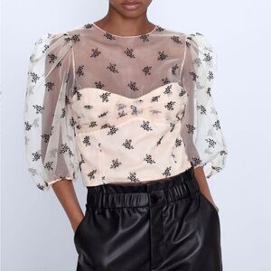 Zara Floral Sheer Puff Sleeve Top